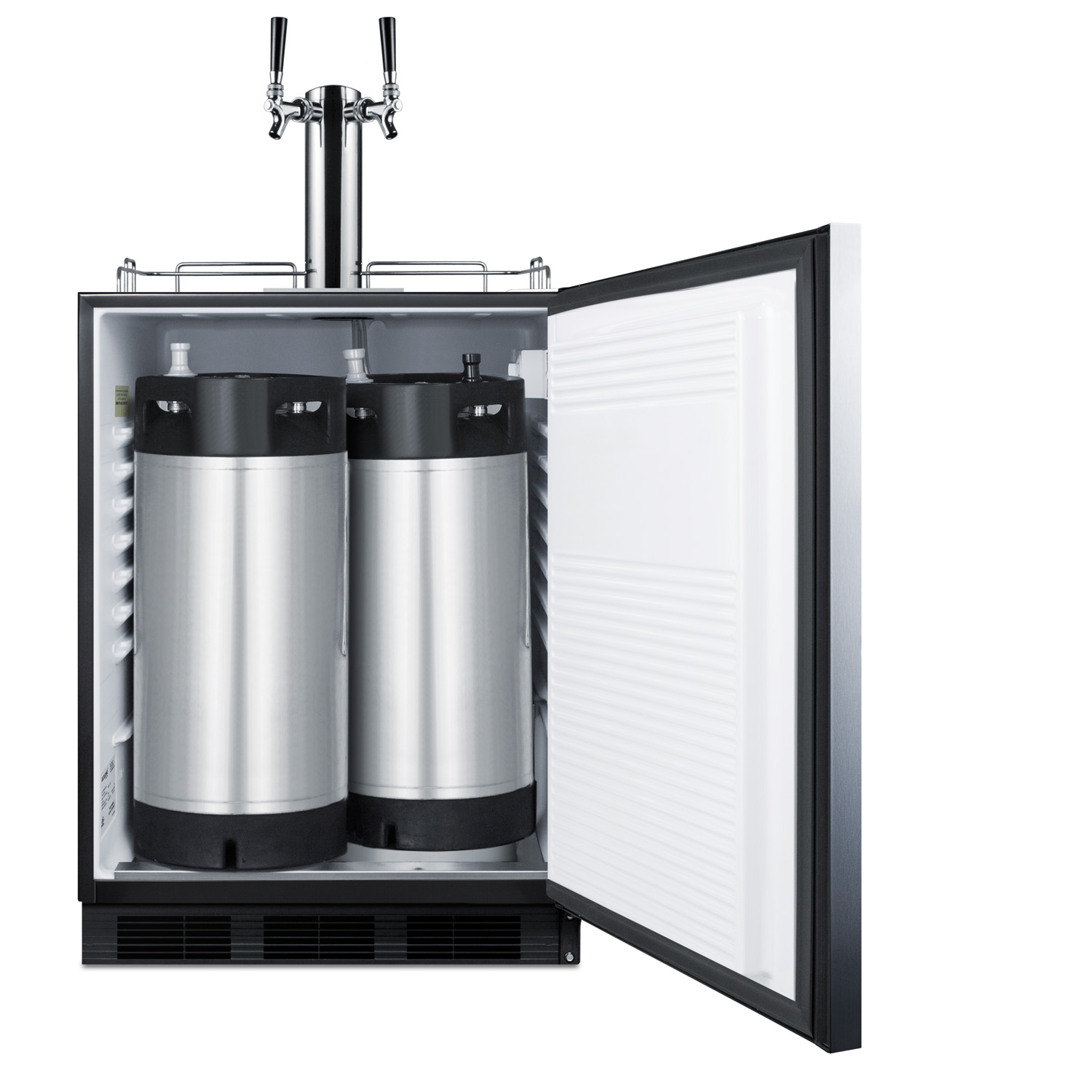 Built-in undercounter ADA height commercially listed dual tap cold brew coffee dispenser with panel-ready door and black cabinet
